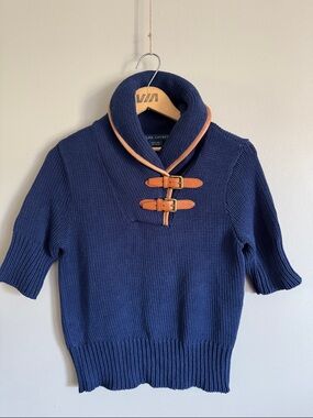 Ralph Lauren Navy Short-Sleeve Shawl Collar Sweater with Tan Leather Trim